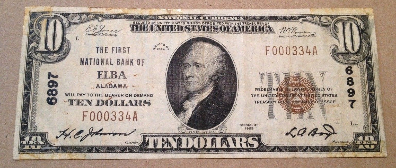 1929 $10 U.S. Brown Seal National Currency! First National Bank of Elba Alabama!