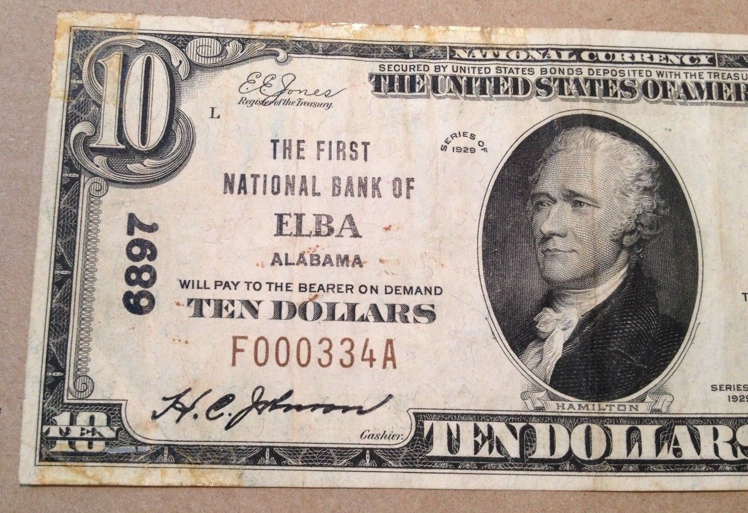 1929 $10 U.S. Brown Seal National Currency! First National Bank of Elba Alabama!