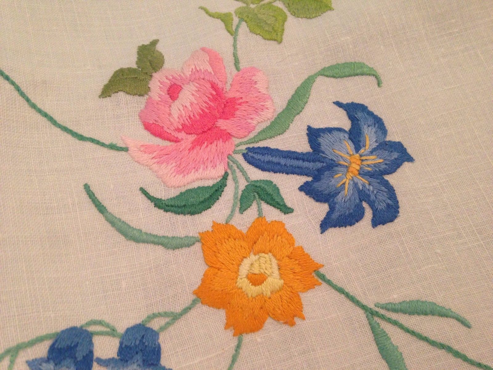 Vintage Hand Embroidered Cream Linen Tablecloth EXQUISITE FLOWERS