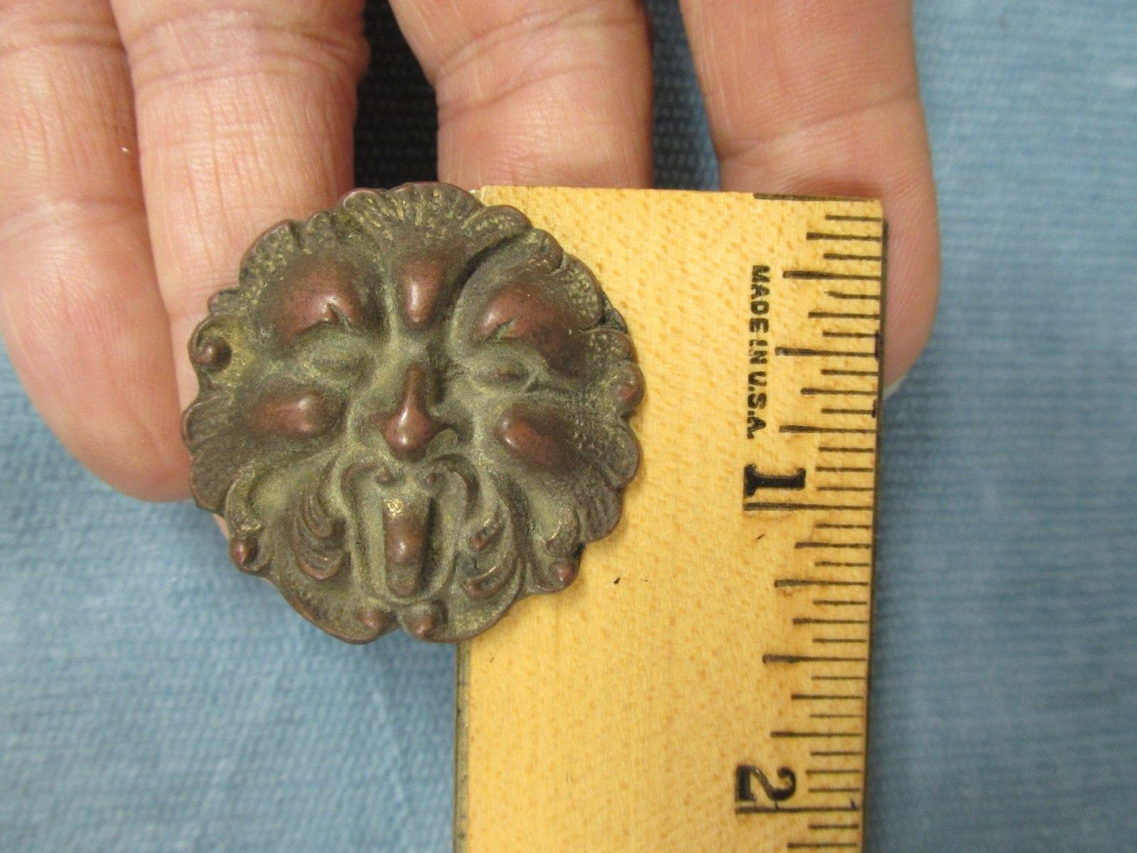 Antique Brass Drawer Knob Pull 1-3/8" w/ Bacchus Northwind Green Man Face Lot 10