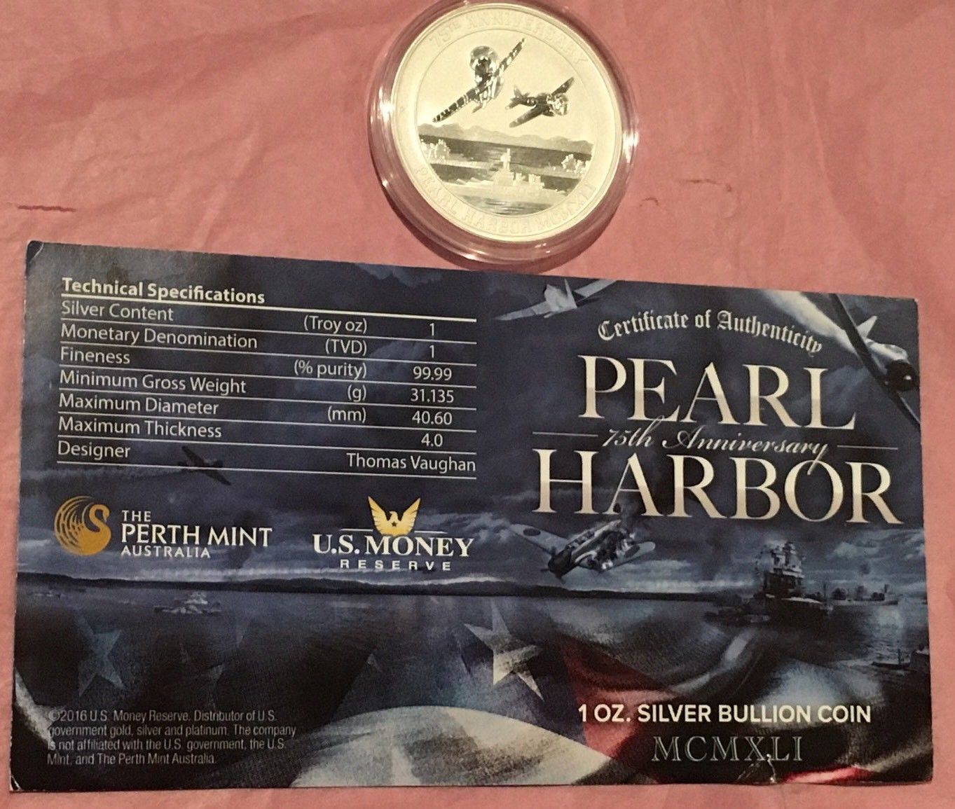 75th Anniversary Pearl Harbor Collectible Coin 1 Troy Oz .999 Fine Silver Round