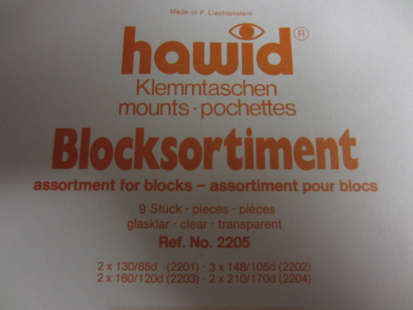 HAWID STAMP MOUNTS ASSORTMENT FOR BLOCKS -  BLACK or CLEAR -  PACK of 9