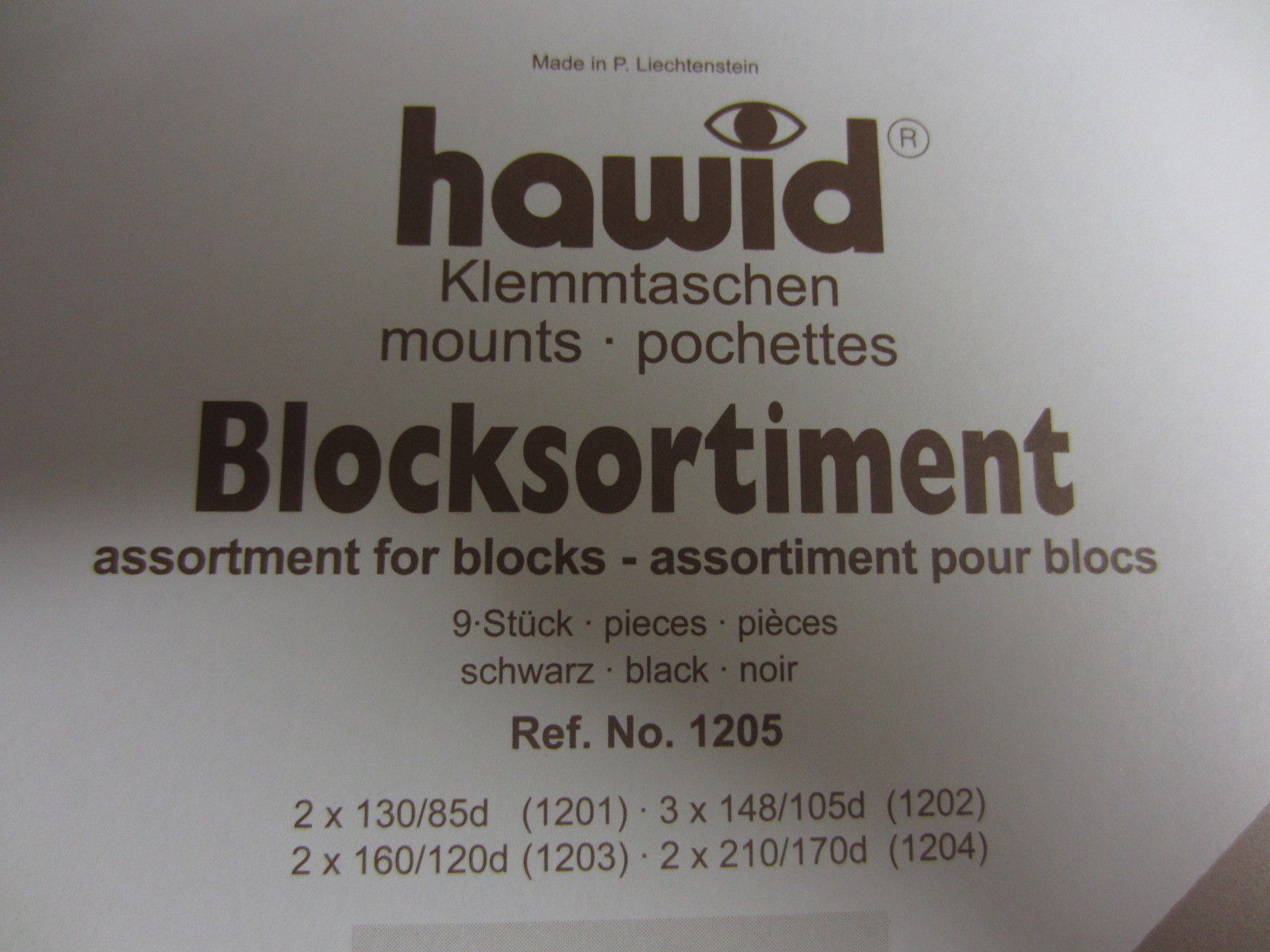 HAWID STAMP MOUNTS ASSORTMENT FOR BLOCKS -  BLACK or CLEAR -  PACK of 9