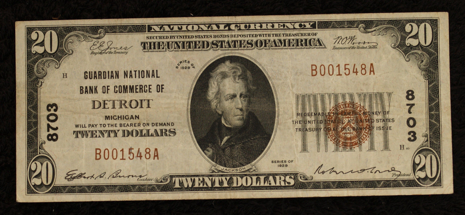 Type 1 Guardian National Bank of Commerce of Detroit $20 Note!!