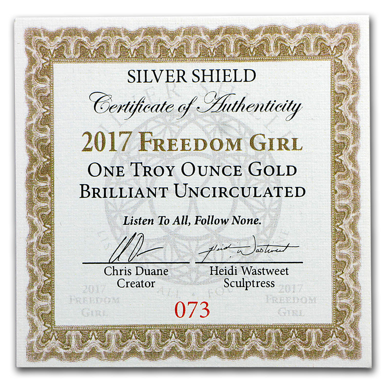 2017 1 oz Gold Round - Freedom Girl (w/Box & COA) - SKU #118191