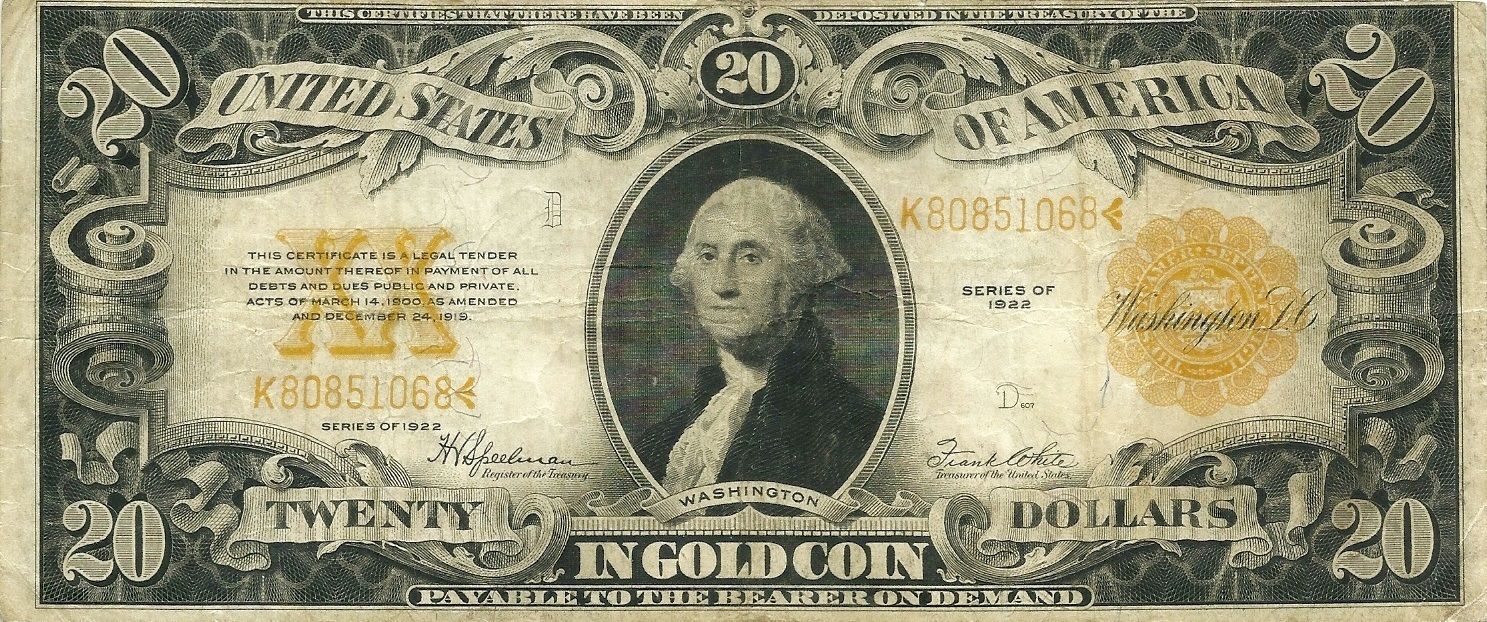 1922 $20 LARGE SIZE GOLD CERTIFICATE -- GEORGE WASHINGTON- NICE BRIGHT NOTE !