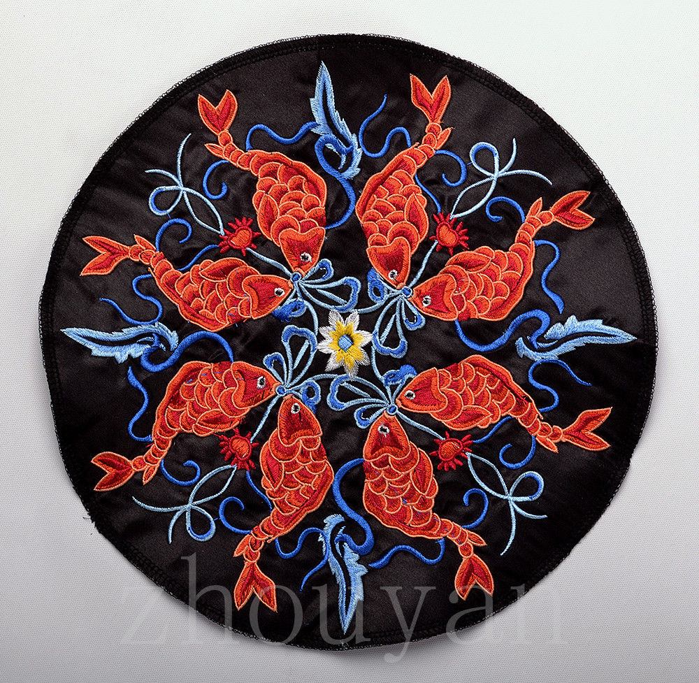 Oriental Auspicious Mandala Vintage Embroidery Piece: EIGHT KOI FISH MANDALA