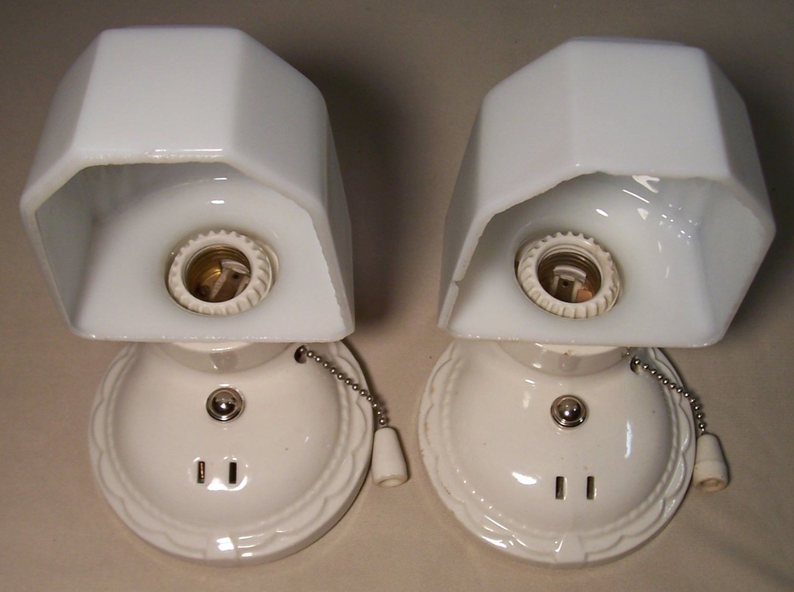 Vtg Art Deco Porcelain Sconce Wall Light Fixture Shade Pair 2 Rewired USA #G69