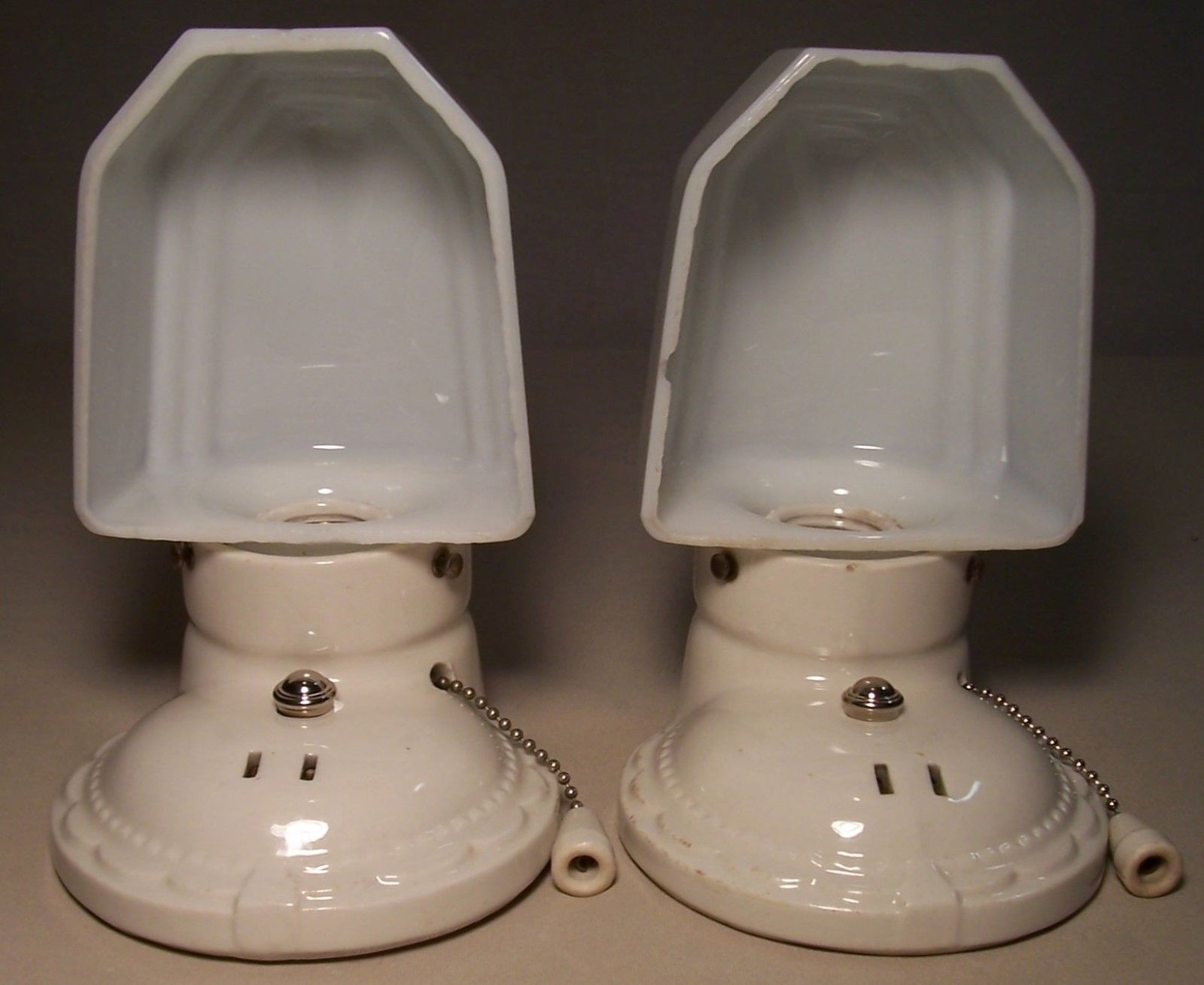 Vtg Art Deco Porcelain Sconce Wall Light Fixture Shade Pair 2 Rewired USA #G69