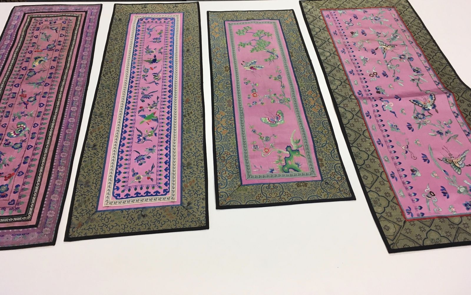 Oriental Antique Silk Tapestry Lot of 4 Muted Pinks Blues Butterfly Garden GUC