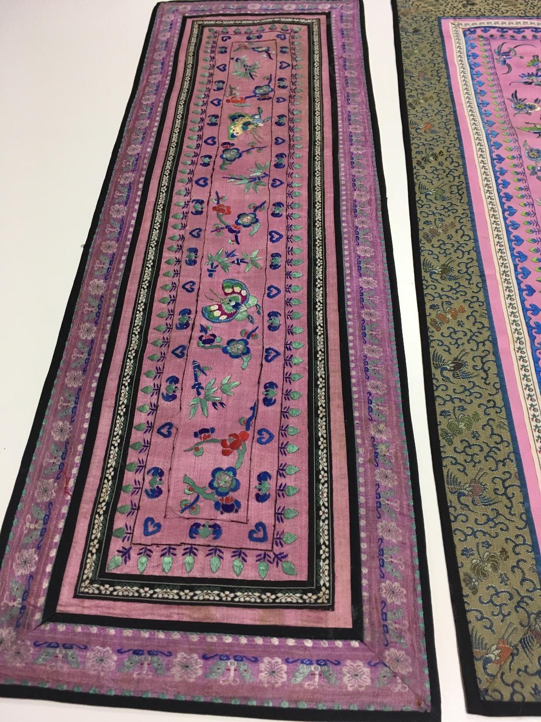 Oriental Antique Silk Tapestry Lot of 4 Muted Pinks Blues Butterfly Garden GUC