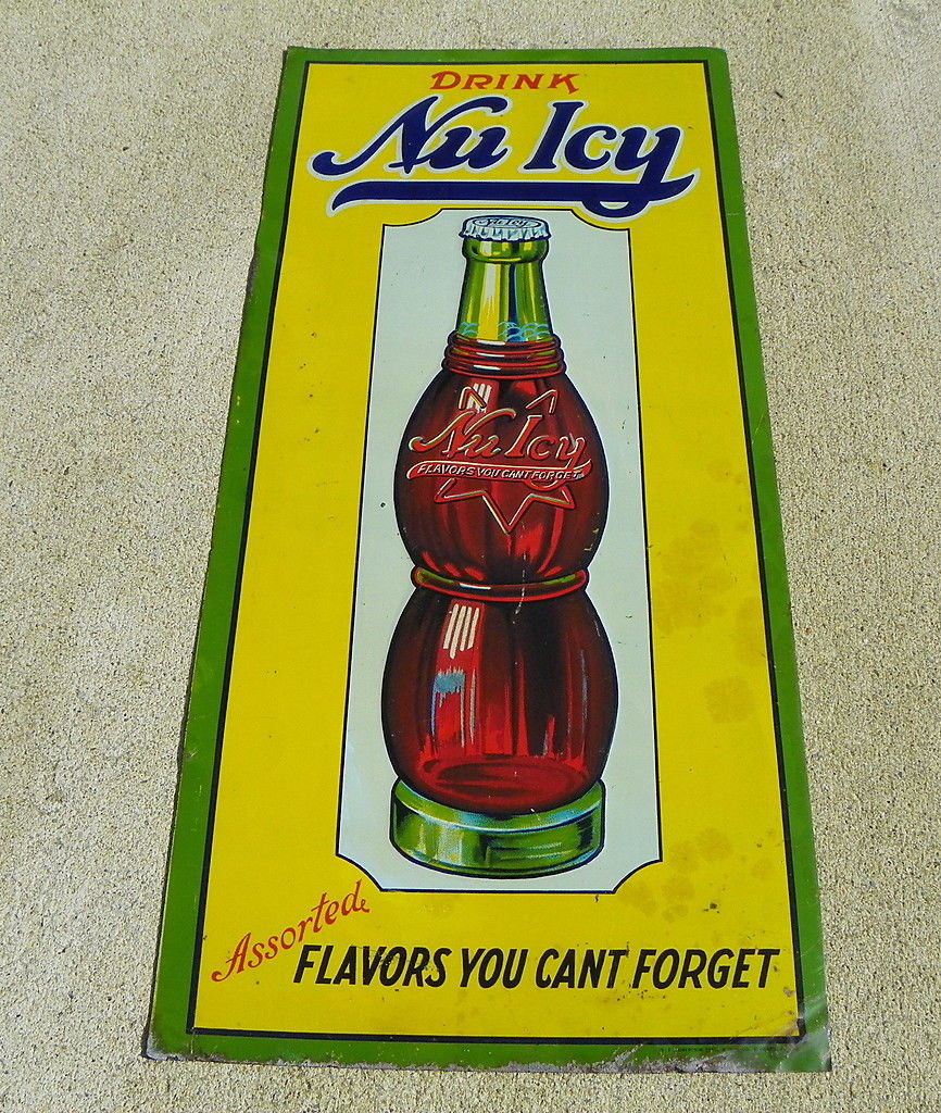 NU ICY BEVERAGE 1920'S SODA  TIN SIGN WITH EMBOSSED BOTTLE