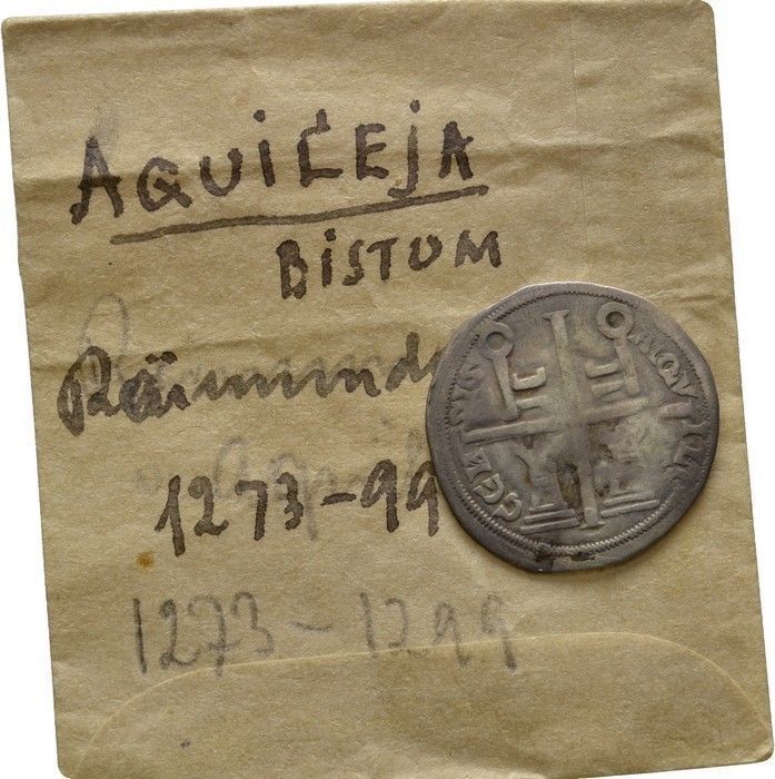 RARE OLD LABELED Aquileia Denaro scodellato of Raimondo della Torre,XIII c.