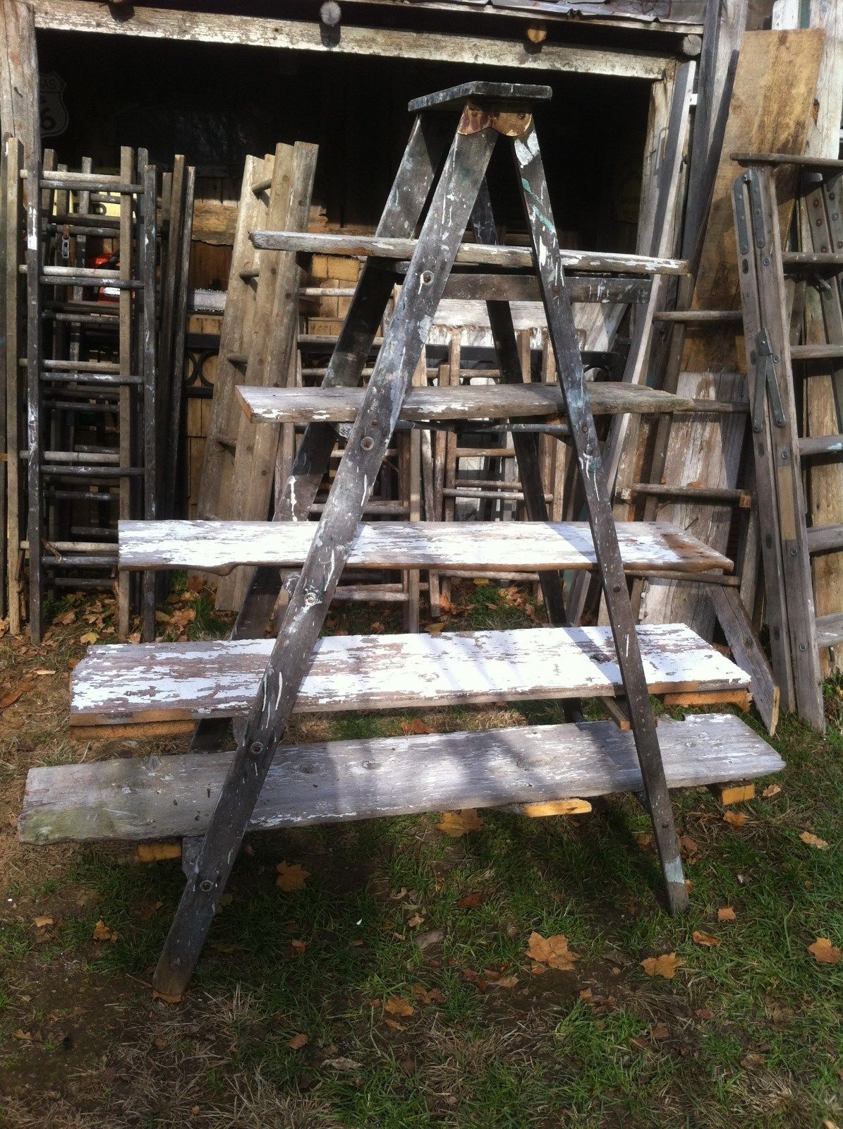 Vtg Primitive Wood painters step  Ladder Shelf barn wood Wedding Display