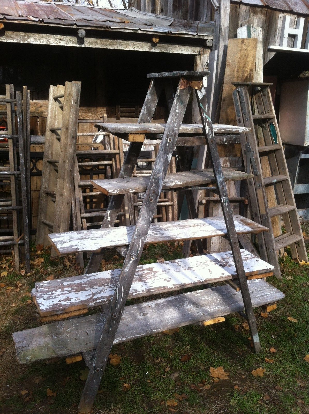 Vtg Primitive Wood painters step  Ladder Shelf barn wood Wedding Display