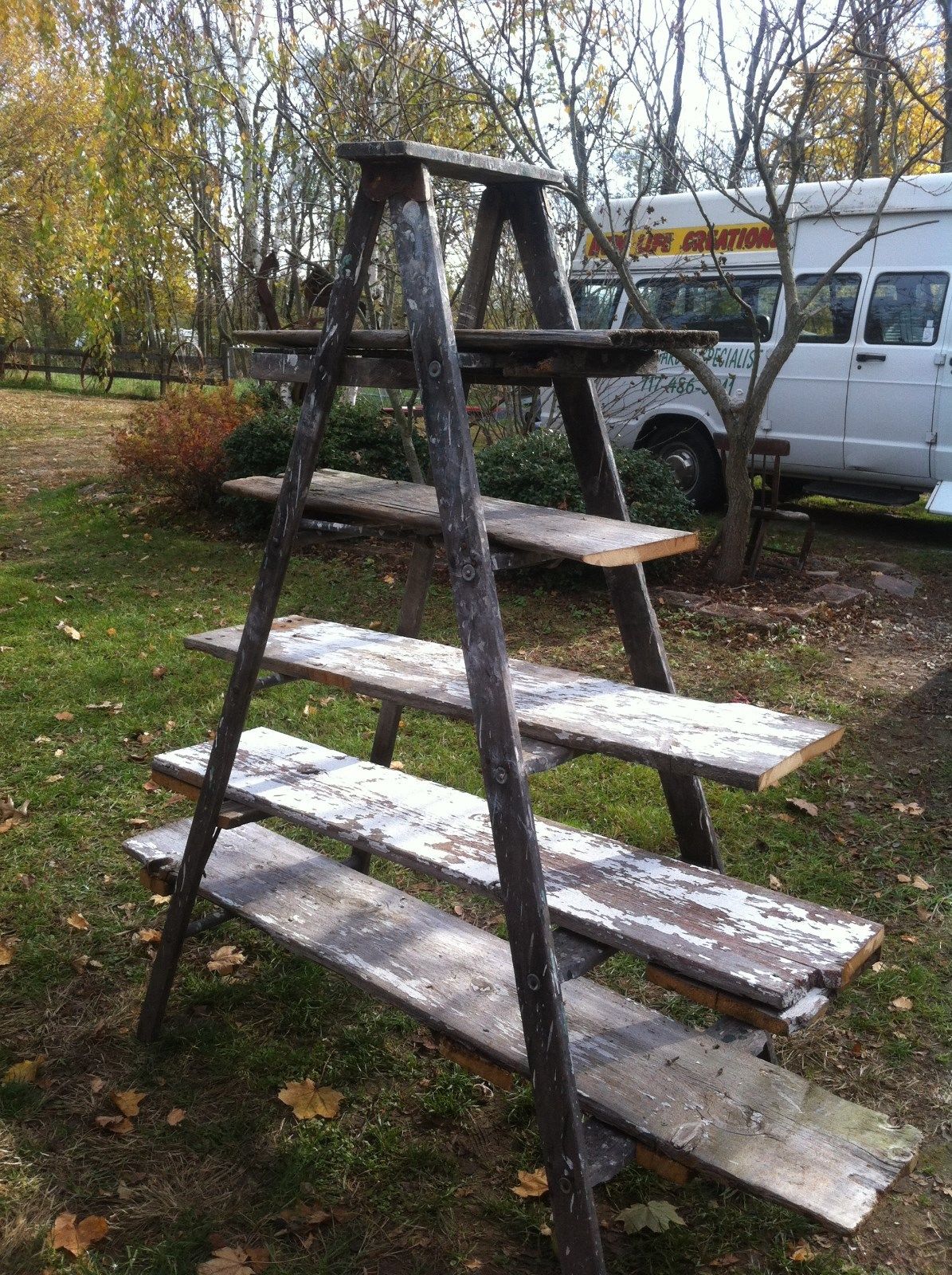 Vtg Primitive Wood painters step  Ladder Shelf barn wood Wedding Display