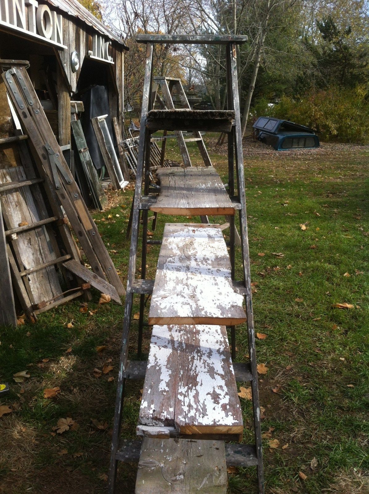 Vtg Primitive Wood painters step  Ladder Shelf barn wood Wedding Display