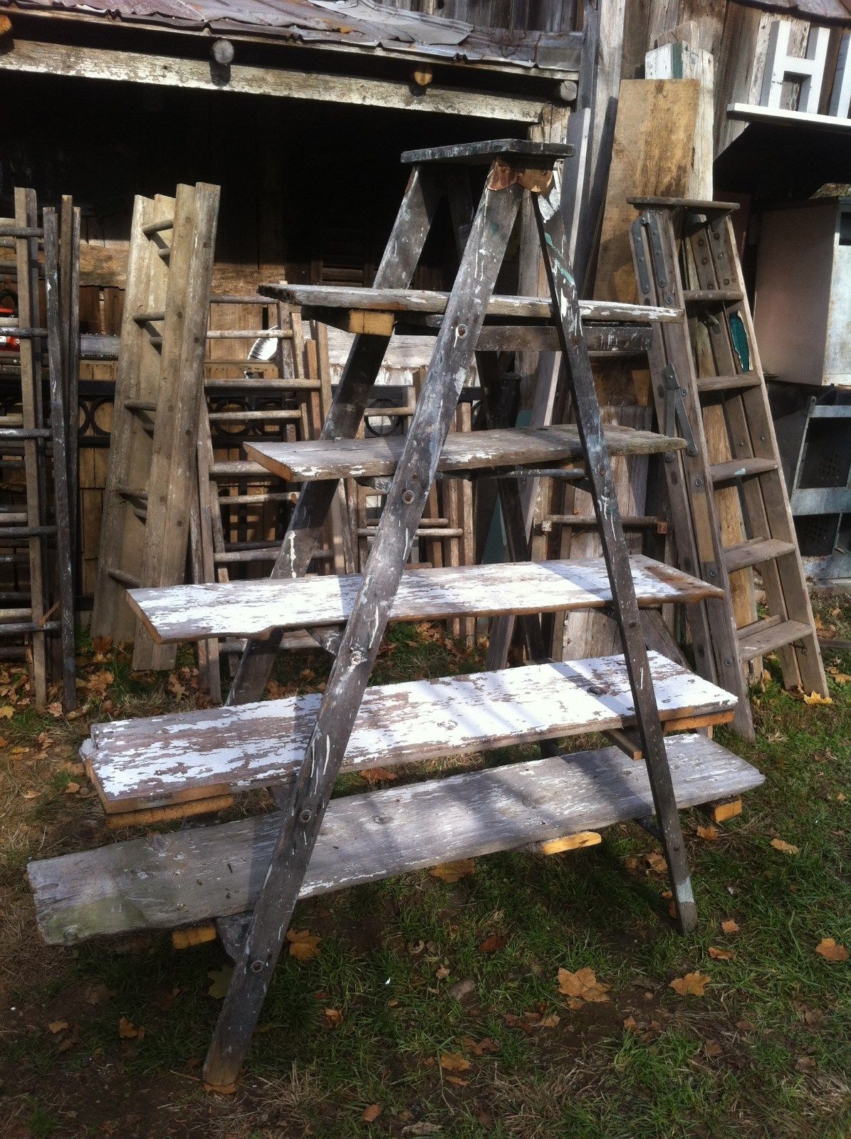 Vtg Primitive Wood painters step  Ladder Shelf barn wood Wedding Display