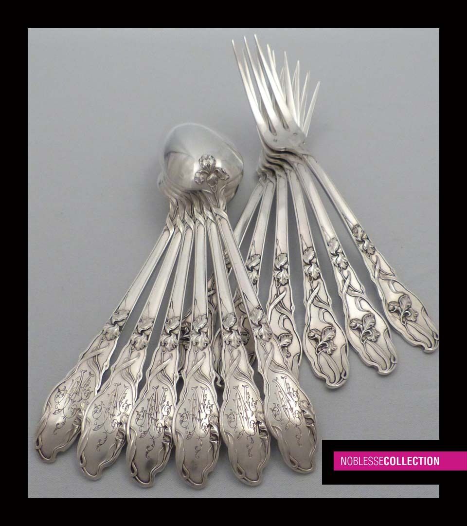 RAVINET ANTIQUE FRENCH STERLING SILVER DINNER FLATWARE 12 pc Art Nouveau Iris