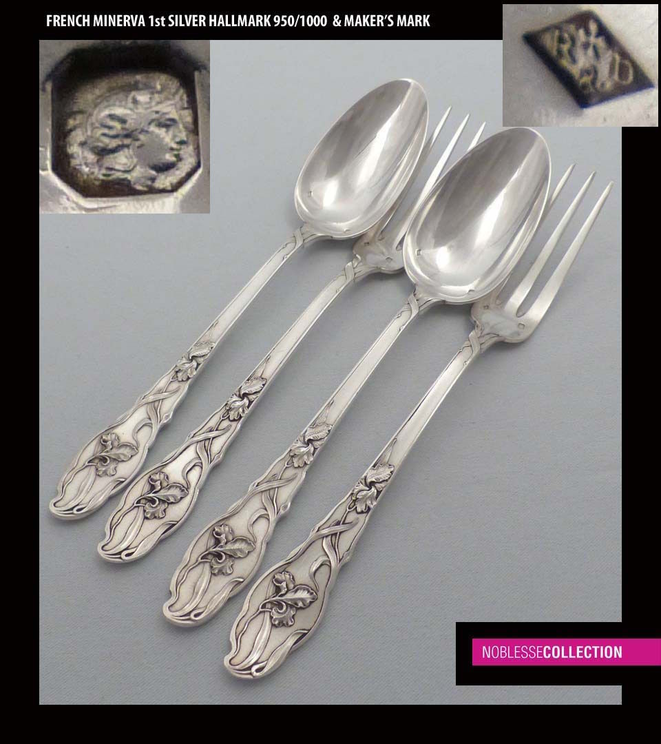 RAVINET ANTIQUE FRENCH STERLING SILVER DINNER FLATWARE 12 pc Art Nouveau Iris