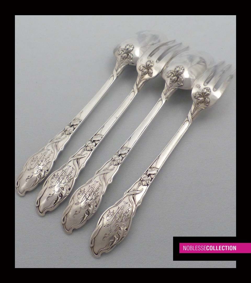 RAVINET ANTIQUE FRENCH STERLING SILVER DINNER FLATWARE 12 pc Art Nouveau Iris