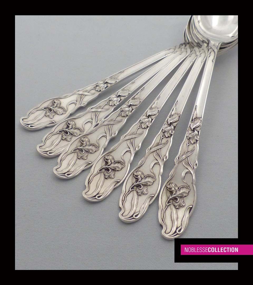 RAVINET ANTIQUE FRENCH STERLING SILVER DINNER FLATWARE 12 pc Art Nouveau Iris