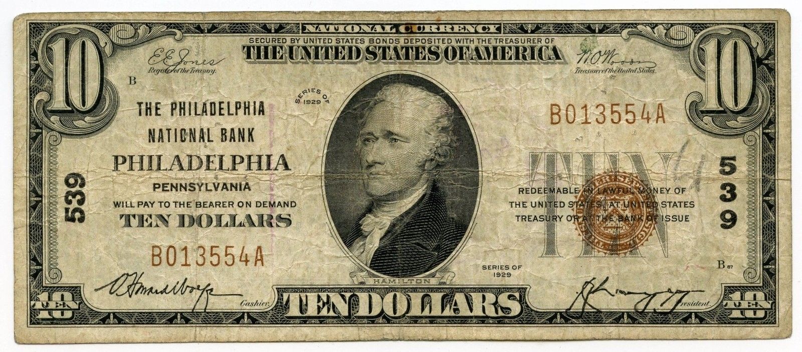 1929 $10 National Currency Note - 539 Philadelphia National Bank - AK14