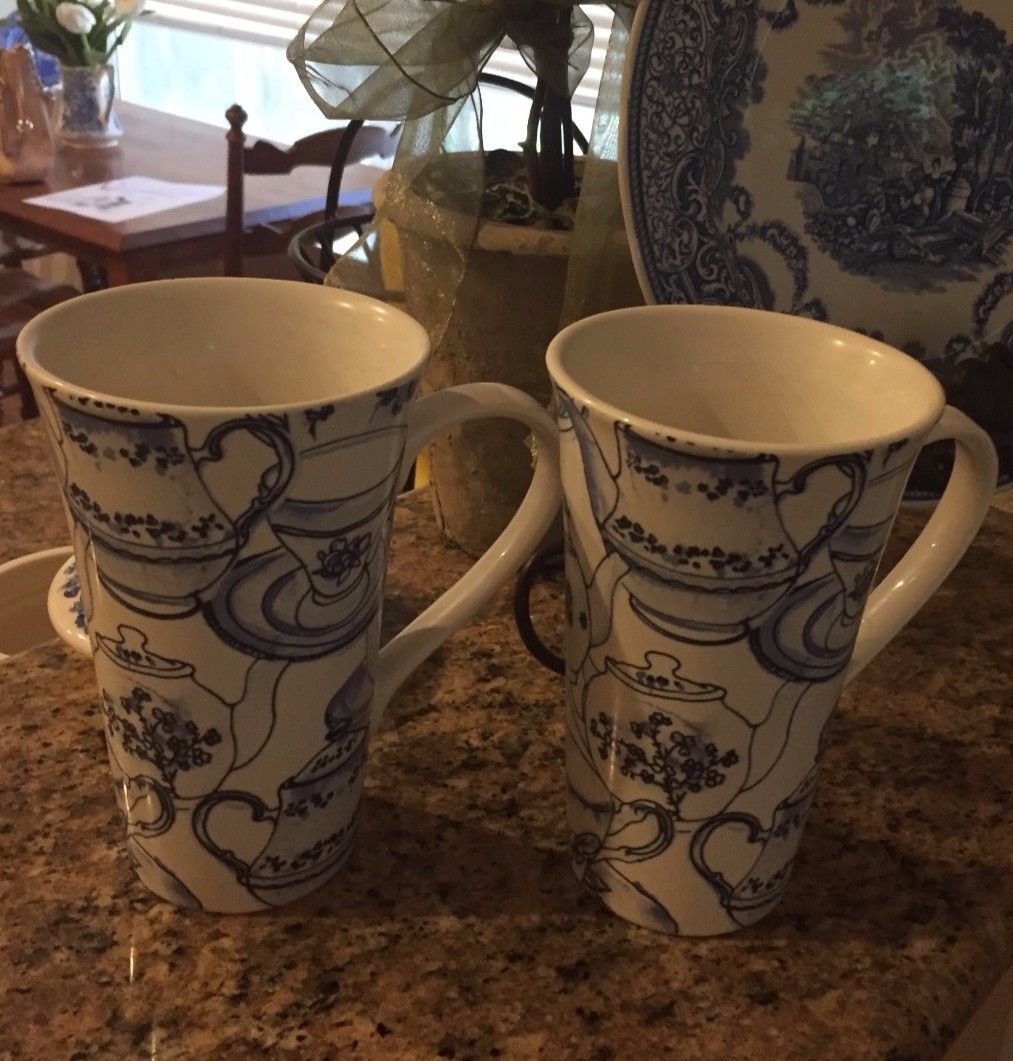 222 Fifth Teapot Toile Fine China Porcelain Set of 2 Latte Mugs