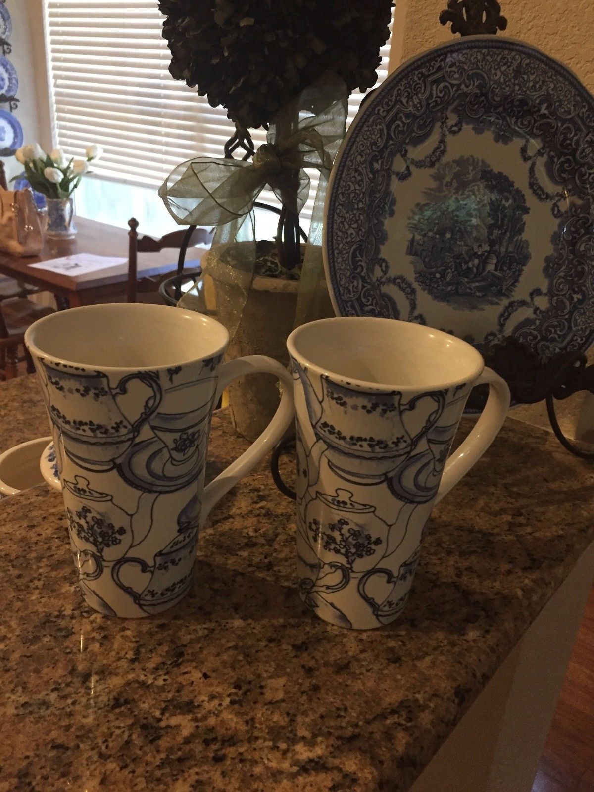 222 Fifth Teapot Toile Fine China Porcelain Set of 2 Latte Mugs