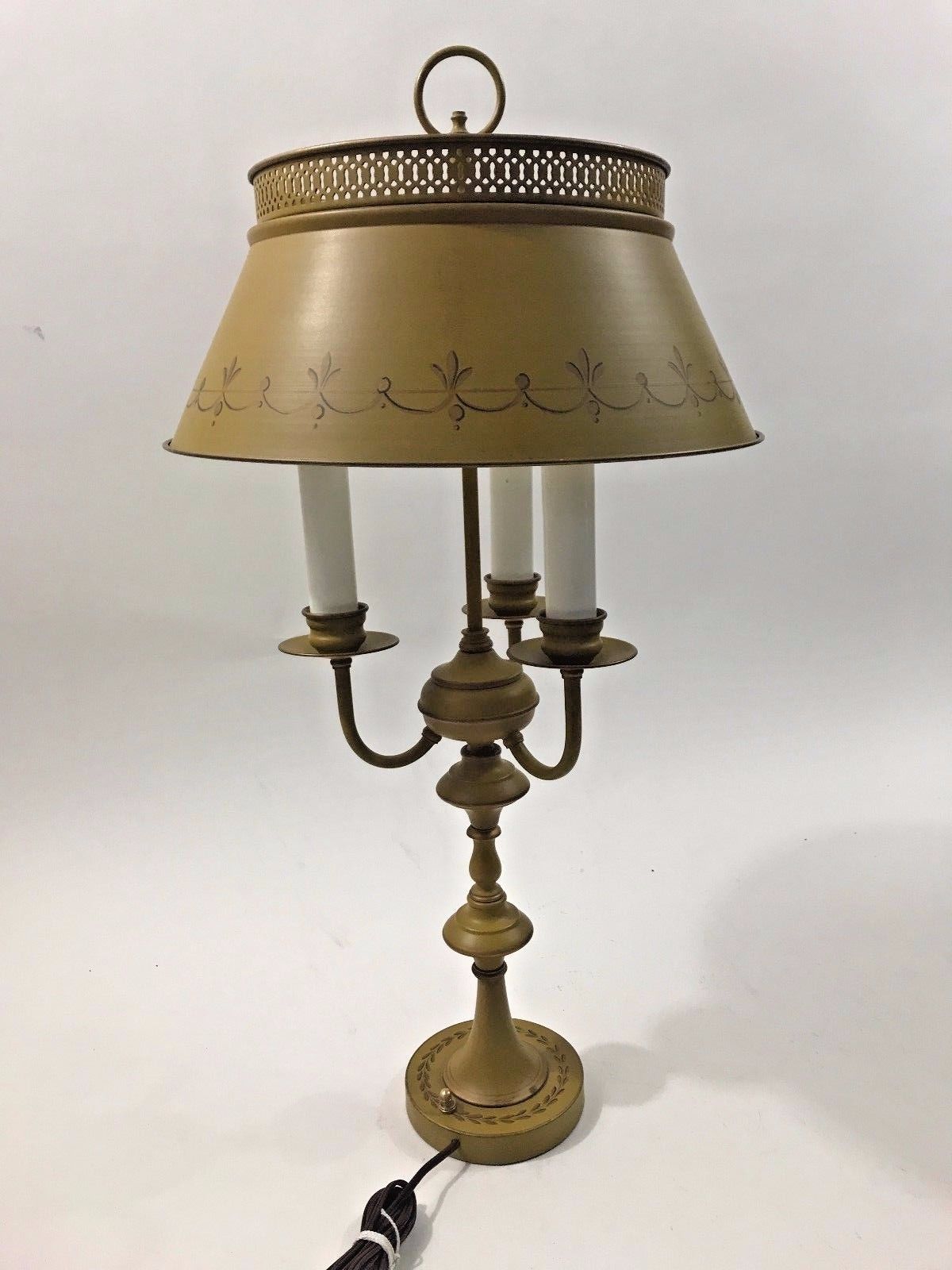 Vintage Hand Painted Tole Metal Bouillotte Candelabra Table Lamp Brass Parlor