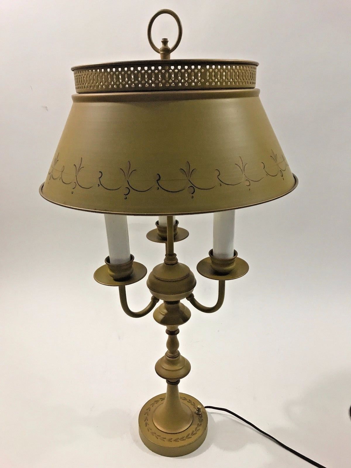 Vintage Hand Painted Tole Metal Bouillotte Candelabra Table Lamp Brass Parlor