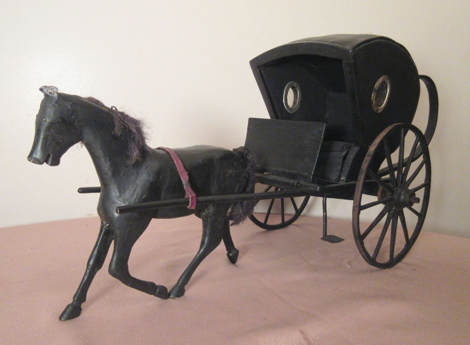 large rare antique 1800's carved wood Folk art horse chariot carriage sculpture