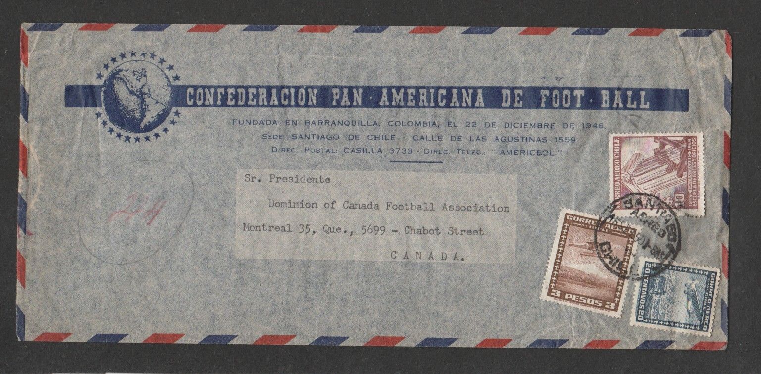 Chile 1950 football soccer club advertising cover airmail to Canada