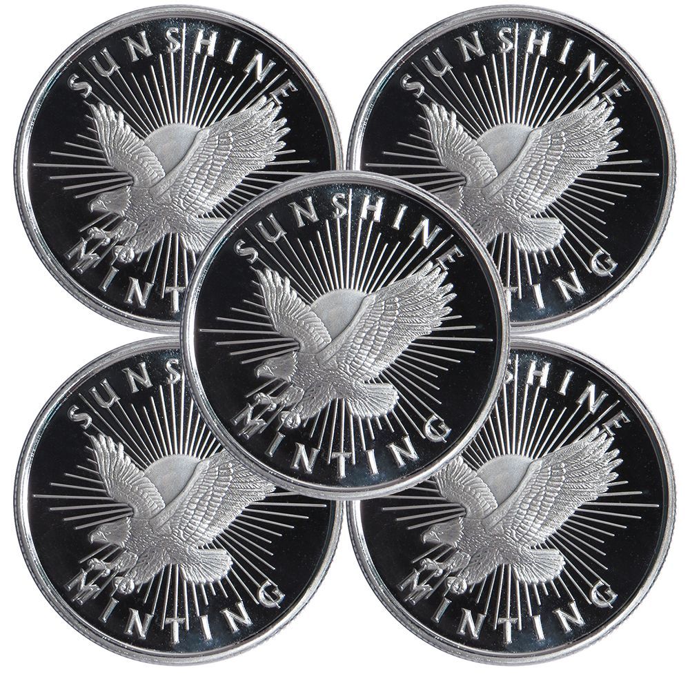 Lot of 5 - 1/2 Troy oz Sunshine Minting .999 Fine Silver Round Mint Mark SI