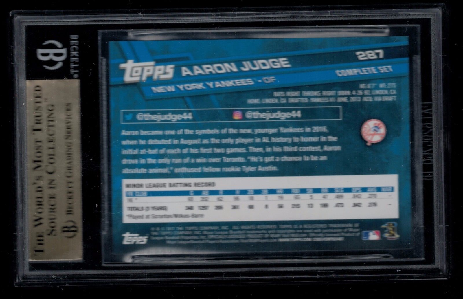 2017 Topps #287A Aaron Judge FACTORY BASEBALL SET ROOKIE CARD BGS 9.5