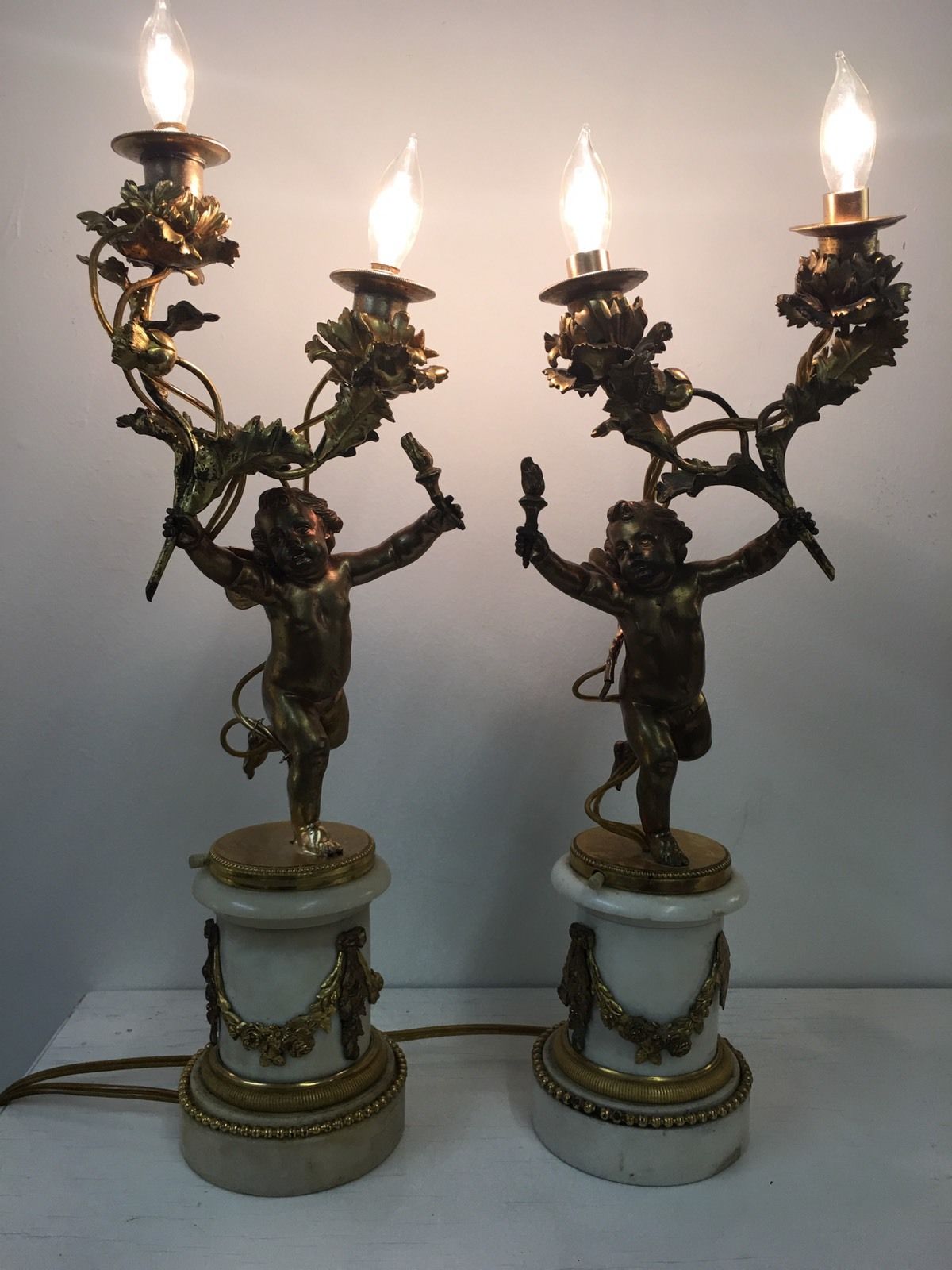 Outstanding Pair Of Antique French Gold Gilt Bronze Cherub Lamps