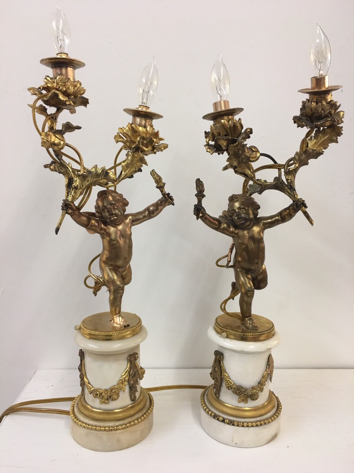 Outstanding Pair Of Antique French Gold Gilt Bronze Cherub Lamps