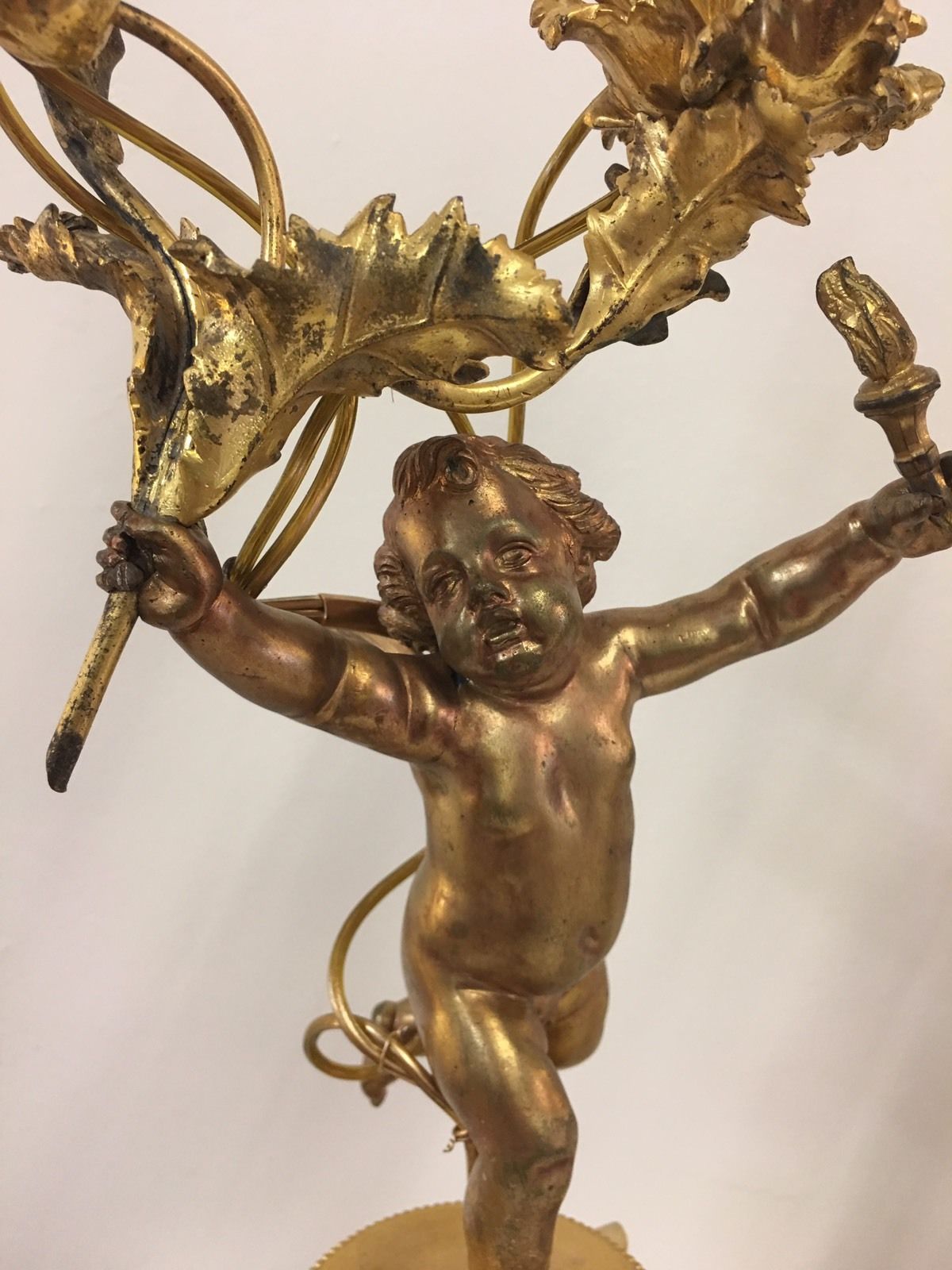 Outstanding Pair Of Antique French Gold Gilt Bronze Cherub Lamps