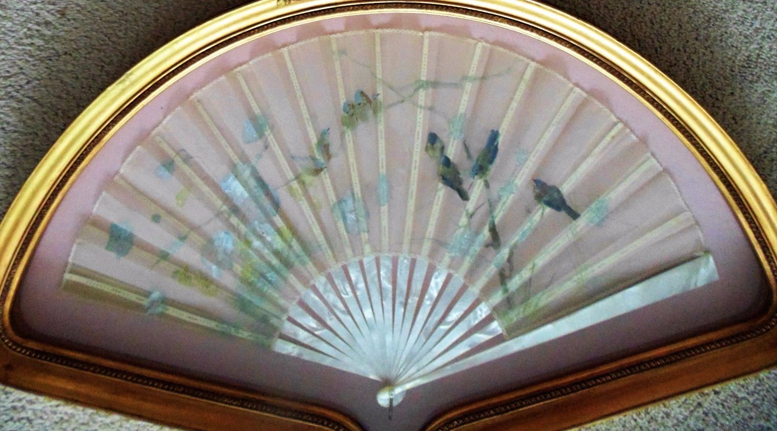 LG French Fan Frame Gilt Wood w/ Hand-Painted Birds Trees Flowers & MOP Handle