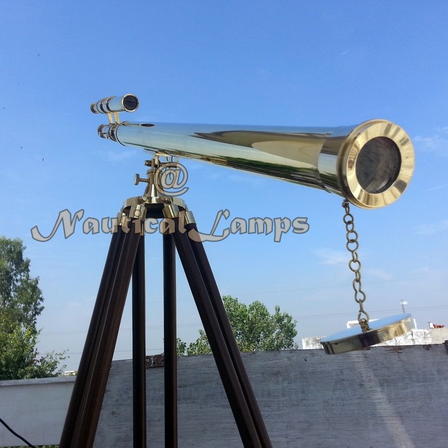 Marine Navy Brass Telescope w Wooden Tripod Polished Brass Astro Antique Style