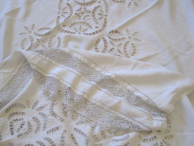 Antique French Pure Linen Tablecloth Superb Openwork Embroidery and Crochet Lace