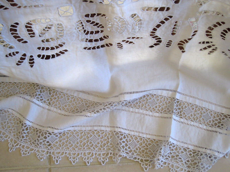 Antique French Pure Linen Tablecloth Superb Openwork Embroidery and Crochet Lace