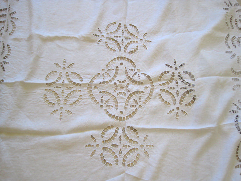 Antique French Pure Linen Tablecloth Superb Openwork Embroidery and Crochet Lace