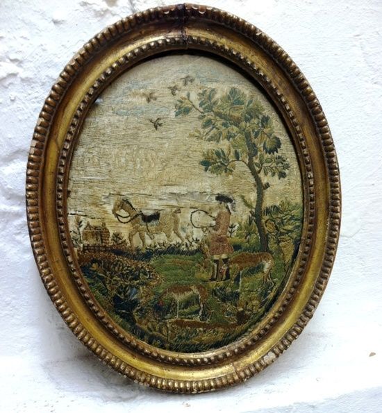 18th c. Early American Antique Bucolic Needlework Stump Work Embroidery