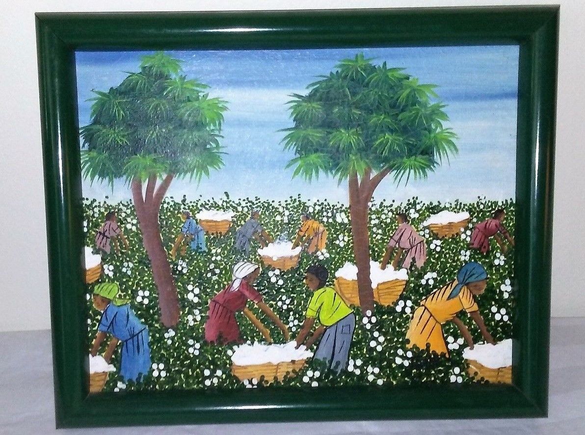 Haitian Oil Painting Listed Artist Edner Jean Cotton Pickers Haiti small framed