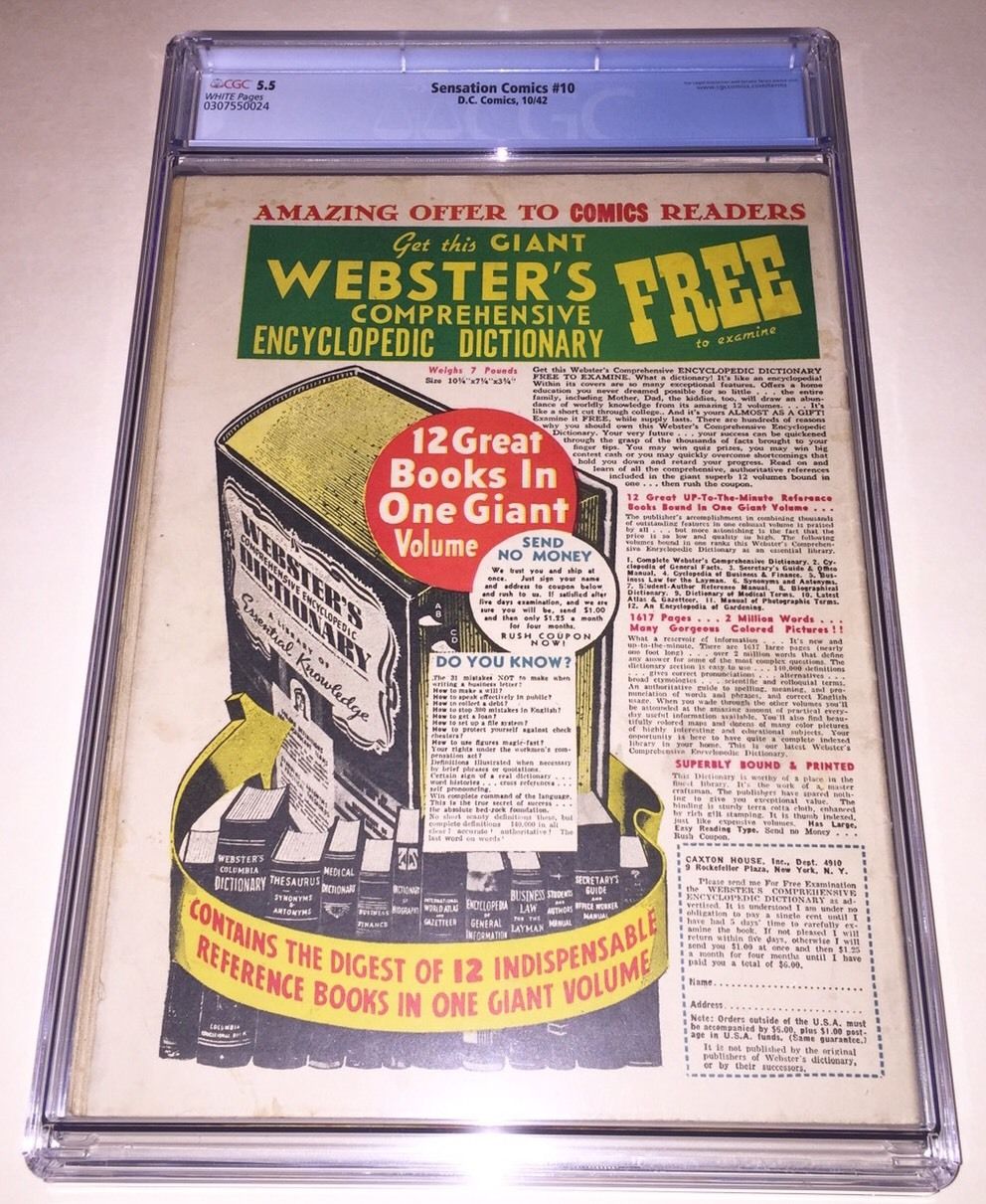 SENSATION COMICS #10 (1942) CGC 5.5 Has Ad for Wonder Woman #1