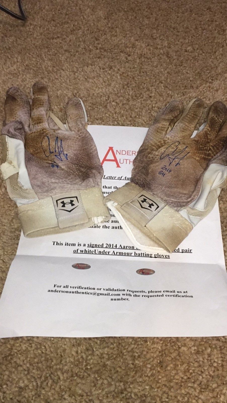 Aaron Judge Autographed And Inscribed 2014 Game Used Batting Gloves!  COA