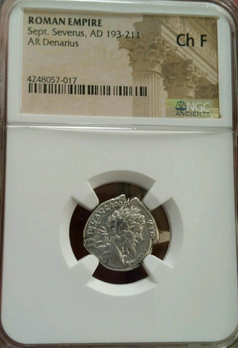 Septimius Severus 193-211 AD. NGC CH F. ROMAN IMPERIAL.  . Silver Denarius