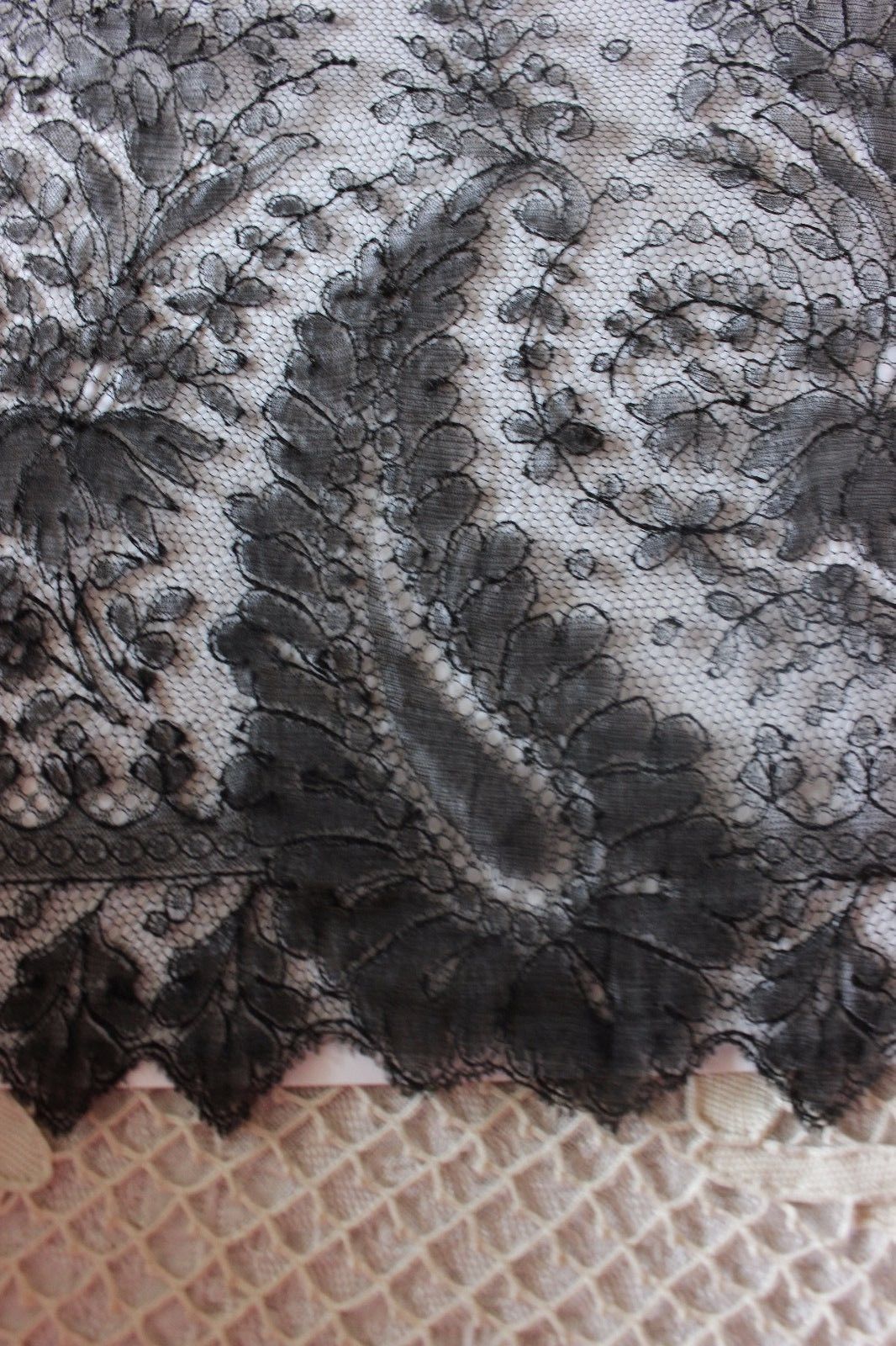 Antique French Handmade Black Silk Chantilly Lace Flounce c1840-1860