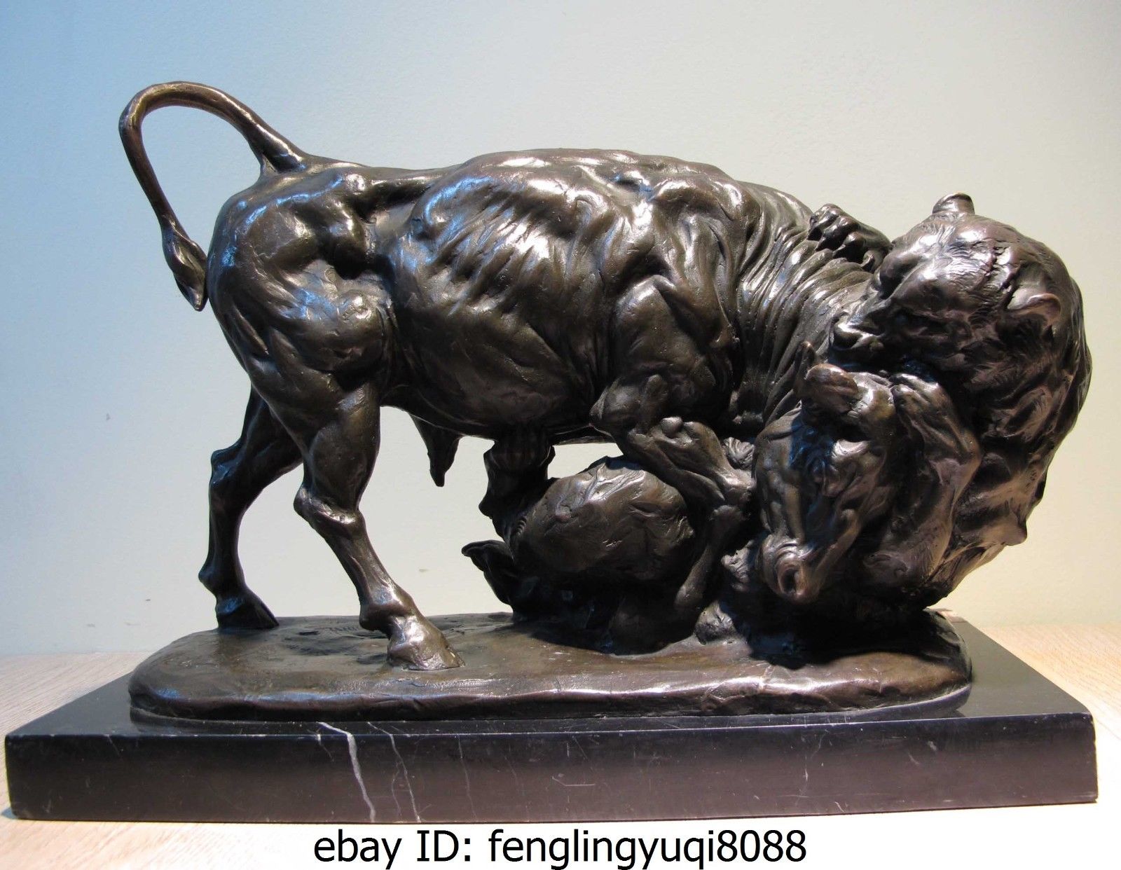 Western Art Decor Bronze Sculpture Bear Eat Bull OX Marble Base Statue Figurine